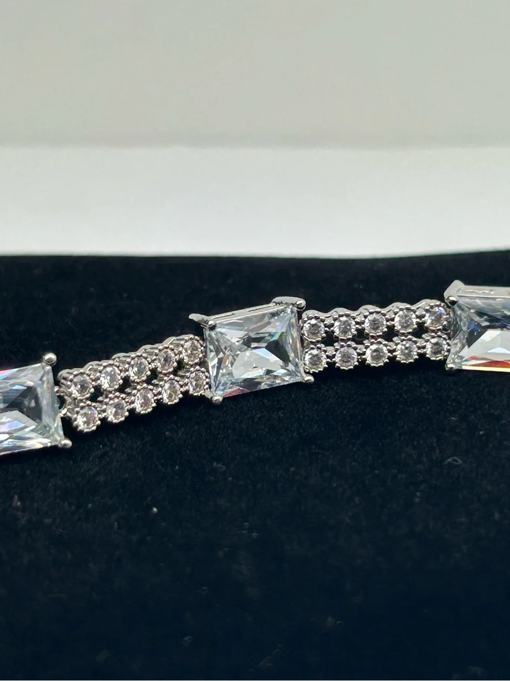 Pale Blue Square Crystal Silver Tone Bracelet 7in